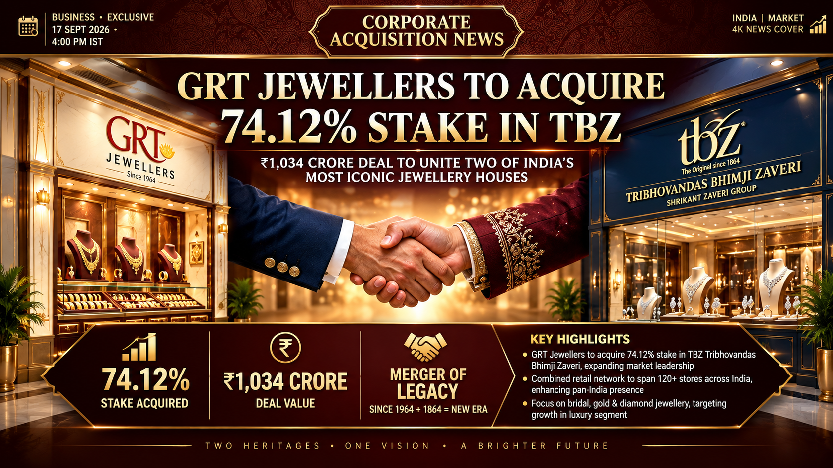 GRT Jewellers to acquire 74.12% controlling stake in Tribhovandas Bhimji Zaveri (TBZ) for Rs 1,034 crore deal. Handshake between GRT Jewellers Since 1964 and TBZ Shrikant Zaveri Group stores representing merger of two iconic Indian jewellery houses with 120+ combined stores.