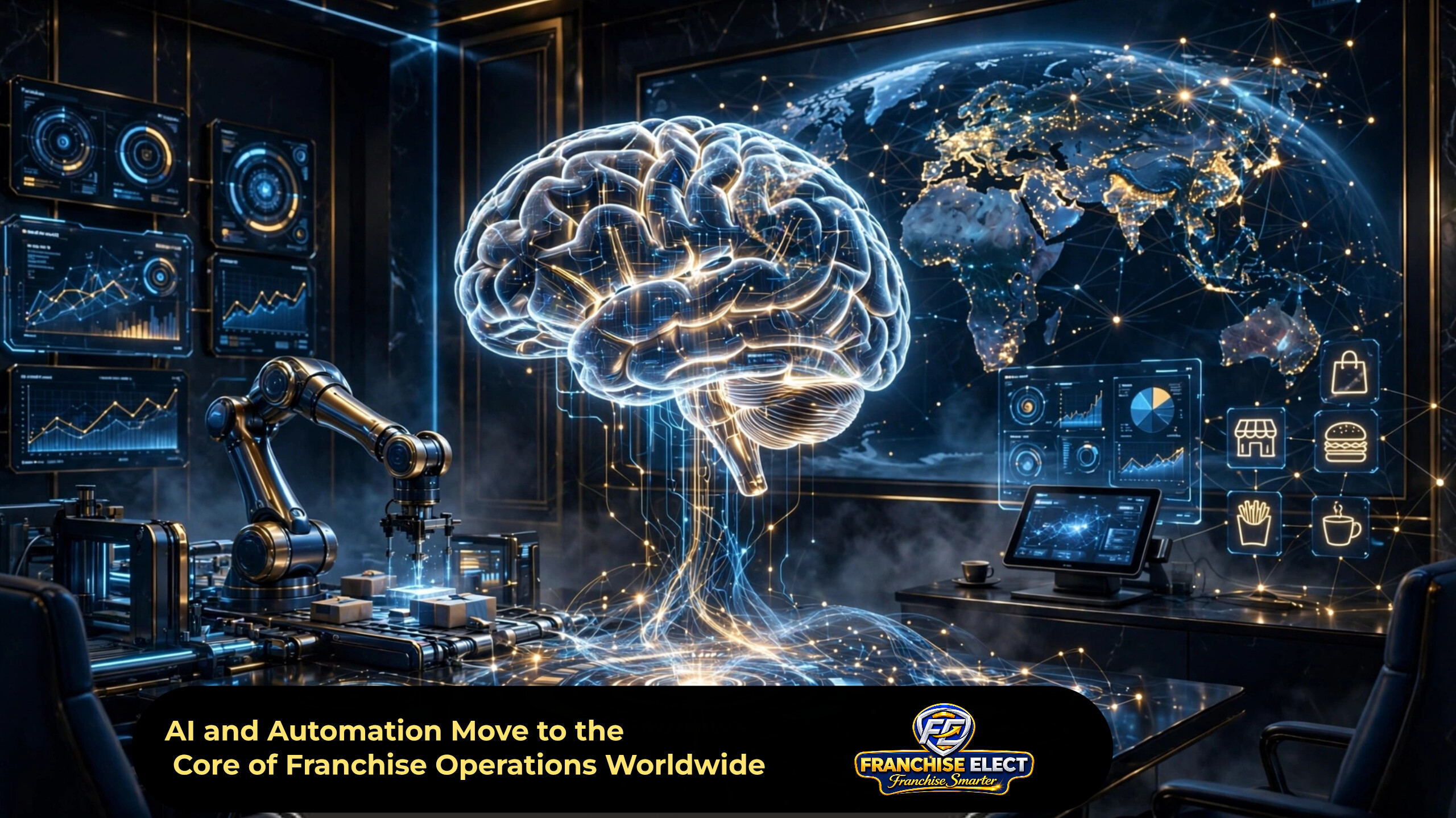 AI Brain at the core connecting global franchise networks, robotic automation handling operations, real-time POS dashboards, and unit economics lifting — all in luxury Forbes dark + gold + neon blue.