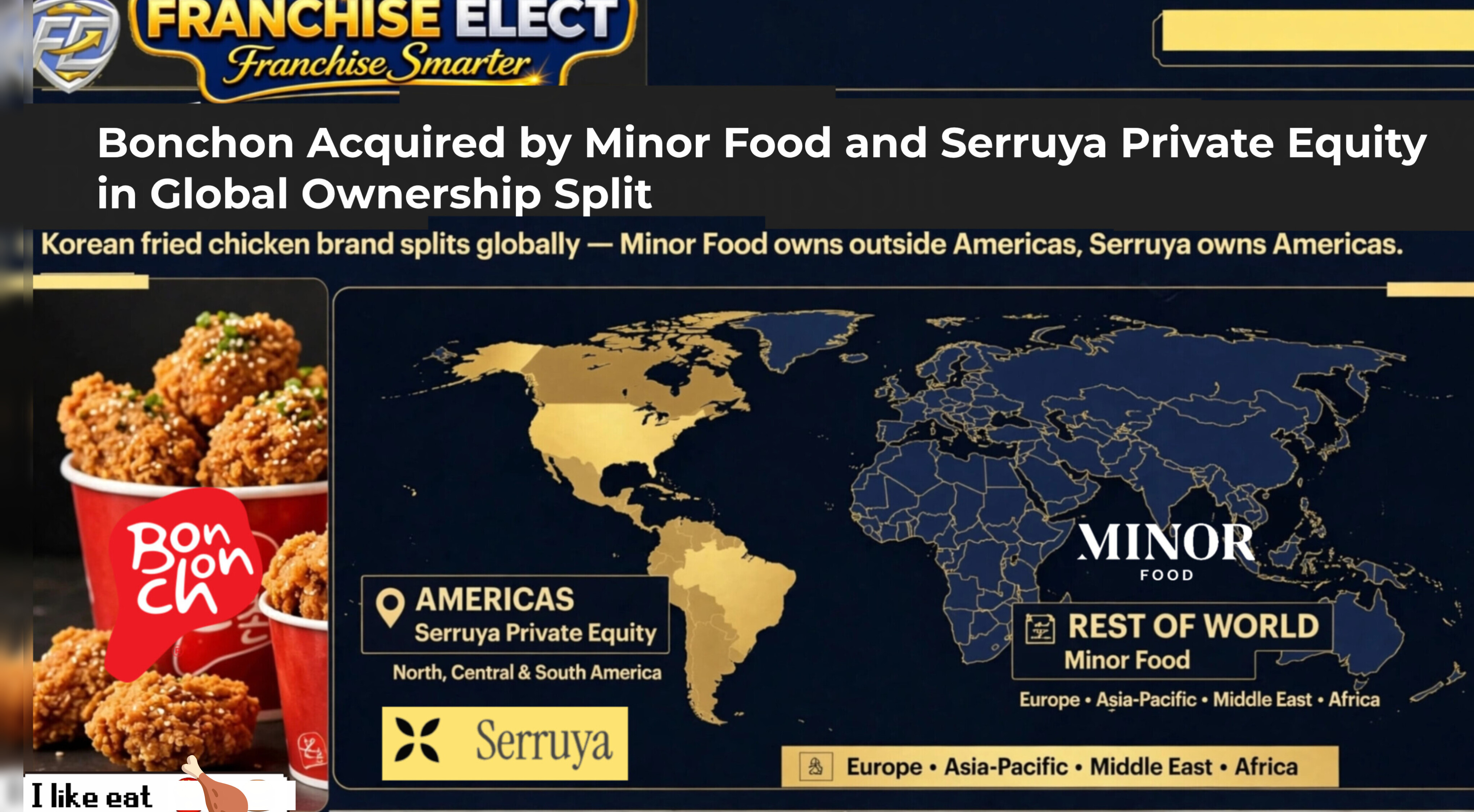 Graphic showing Bonchon acquisition by Minor Food and Serruya Private Equity with global ownership split - Americas owned by Serruya, Rest of World by Minor Food, with Bonchon fried chicken buckets and world map.
