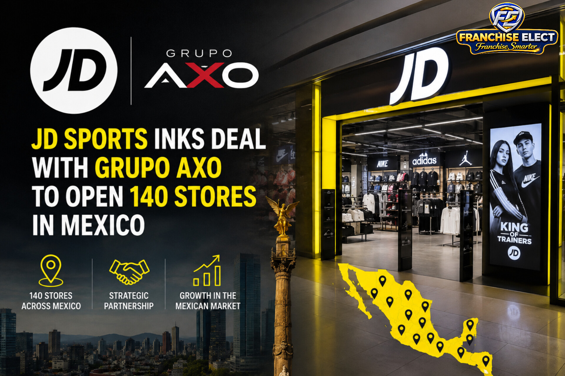 JD Sports inks deal with Grupo Axo to open 140 stores across Mexico, expanding its sportswear retail presence in the Mexican market.
