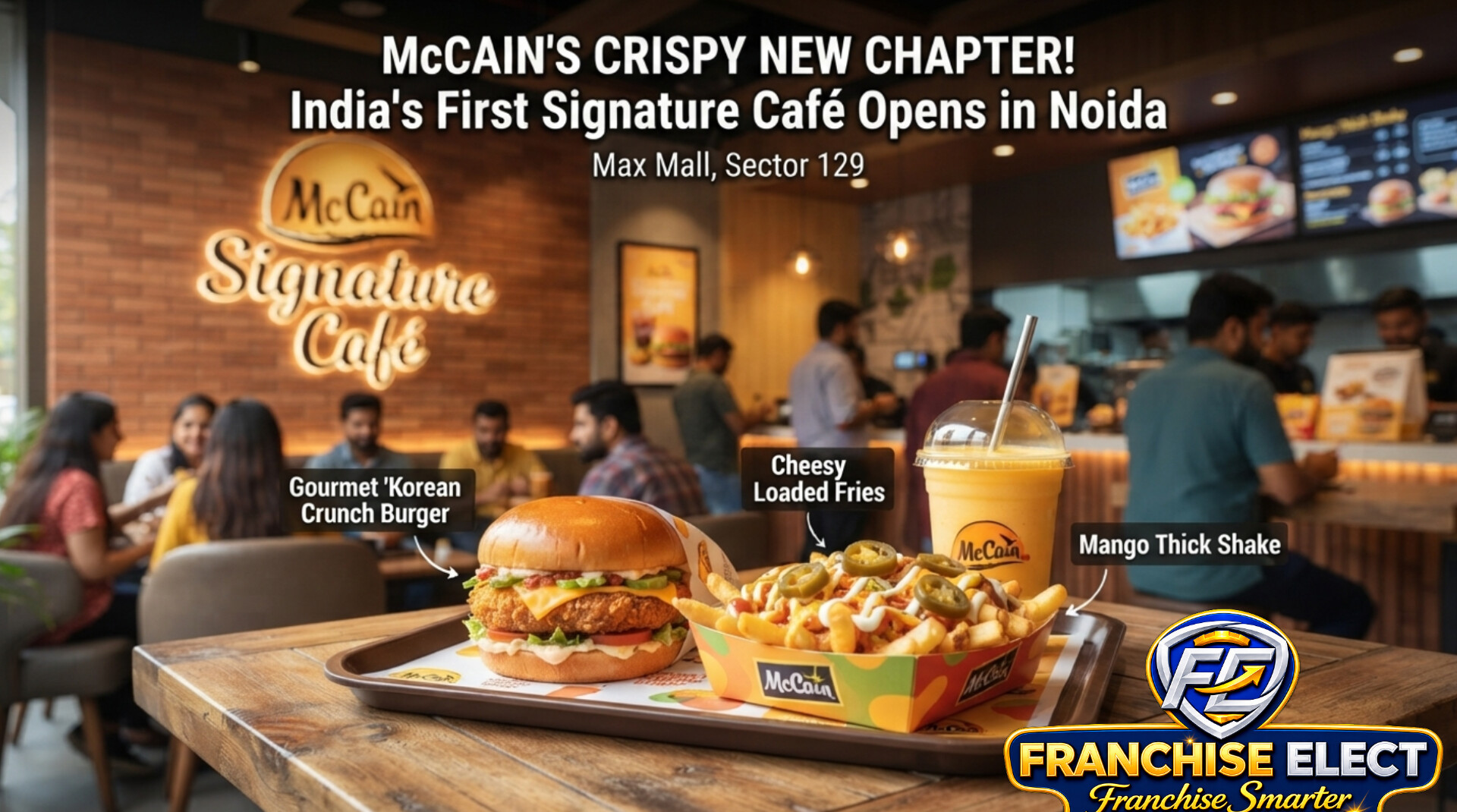 Interior of the new McCain Signature Café at Max Mall, Noida, showcasing a premium fast-food meal with a gourmet burger, cheesy loaded fries, and a thick shake on a wooden table, featuring professional text overlay highlighting McCain's crispy new QSR chapter.