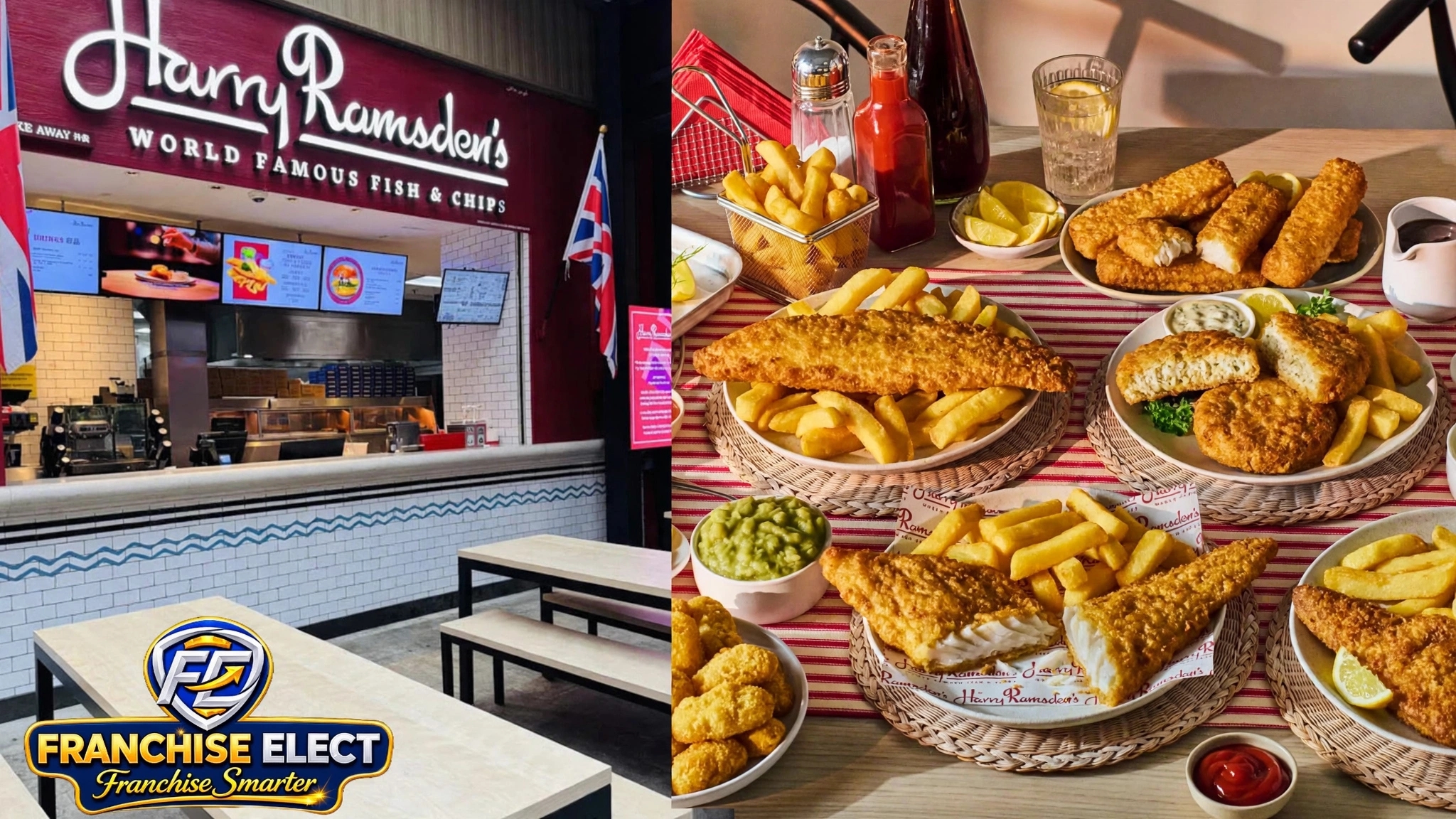 Harry Ramsdens World Famous Fish and Chips UK brand storefront and menu with fish and chips meals, signs franchise India agreement for at least 60 restaurants