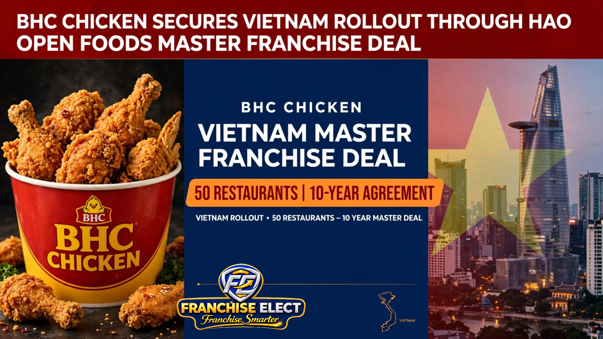 BHC Chicken secures Vietnam rollout through Hao Open Foods master franchise deal, 50 restaurants ten-year agreement, Korean fried chicken bucket and Ho Chi Minh City skyline