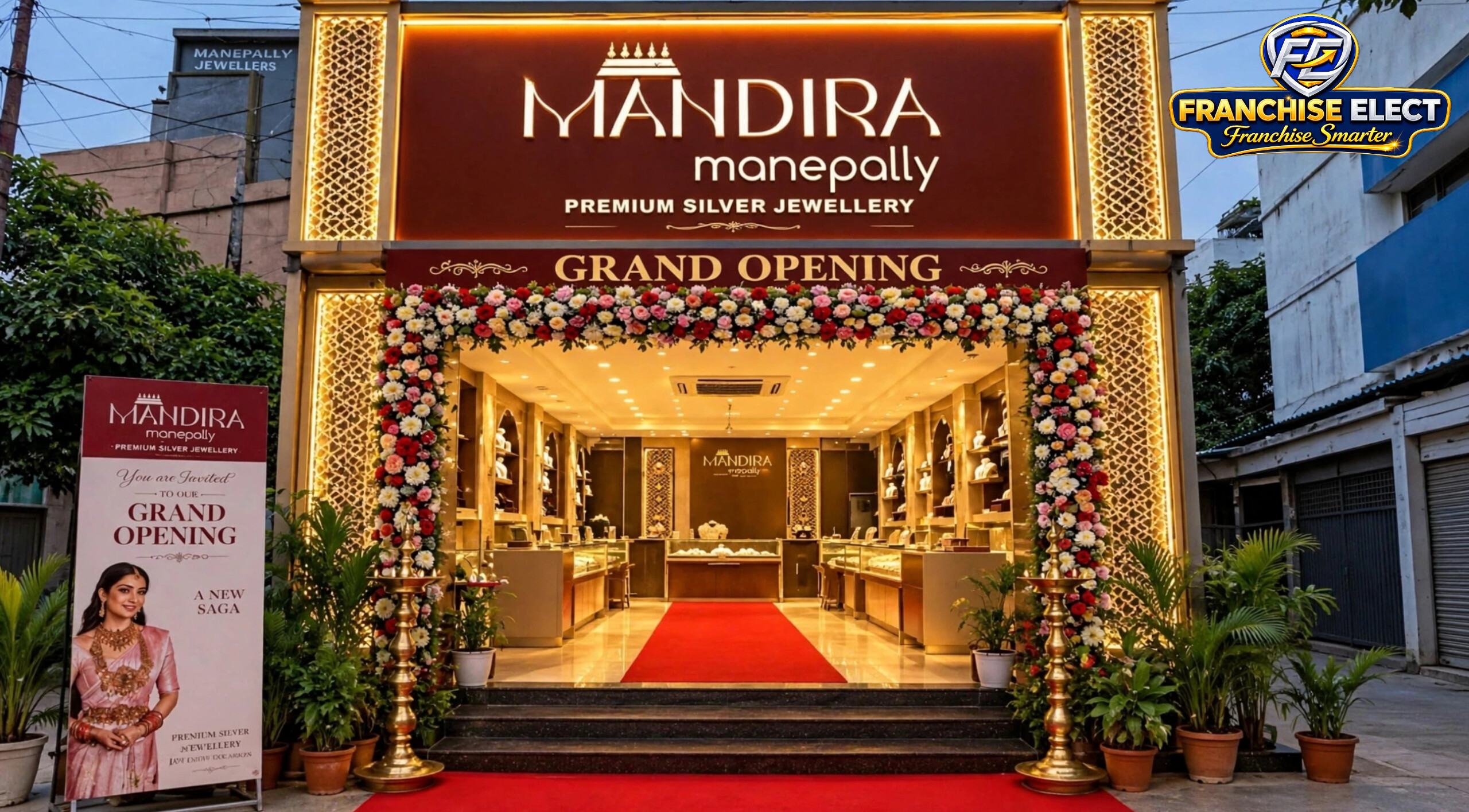 Mandira by Manepally premium silver jewellery store grand opening decorated with flowers and red carpet, Hyderabad jewellery showroom launch.