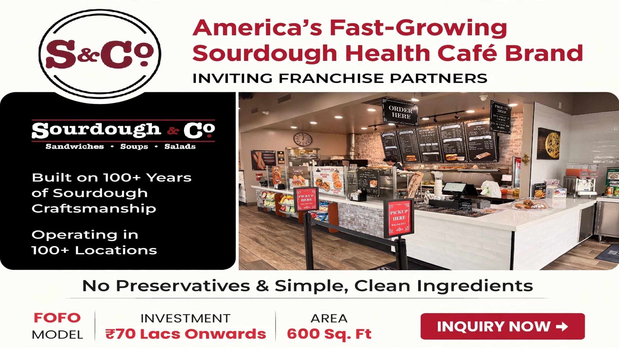 America's fast-growing Sourdough Health Cafe brand Sourdough & Co inviting franchise partners in India - Built on 100+ years of sourdough craftsmanship, operating in 100+ locations, No preservatives with clean ingredients, FOFO model, Investment 70 lacs onwards, Area 600 Sq Ft - Inquiry Now