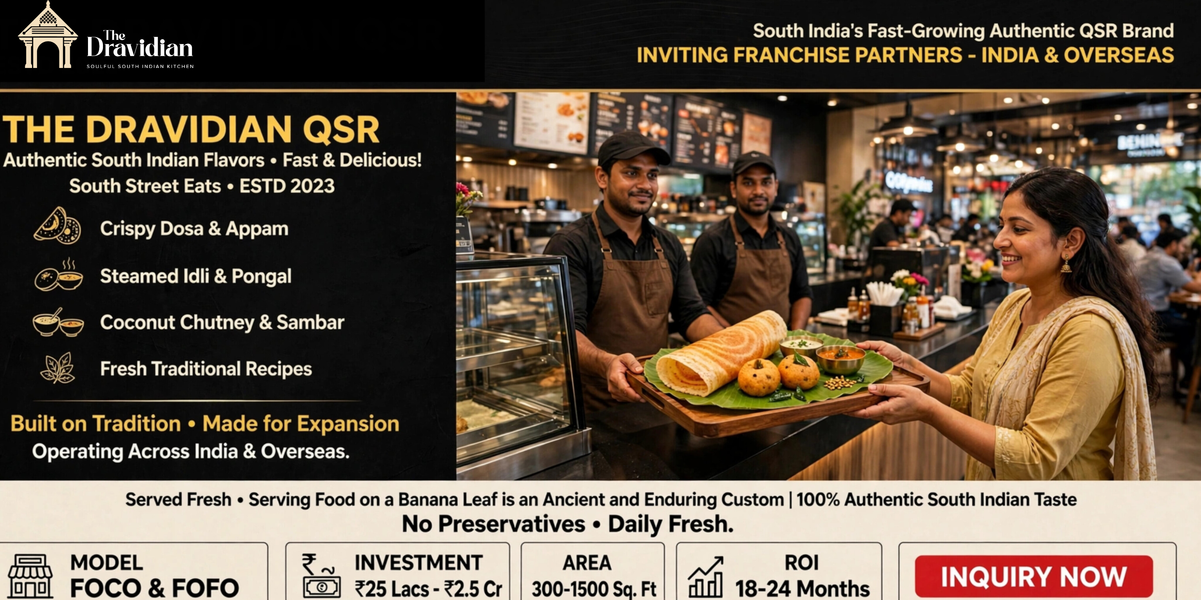 The Dravidian staff serving authentic South Indian food on a banana leaf, showcasing FOCO and FOFO franchise investment opportunities.