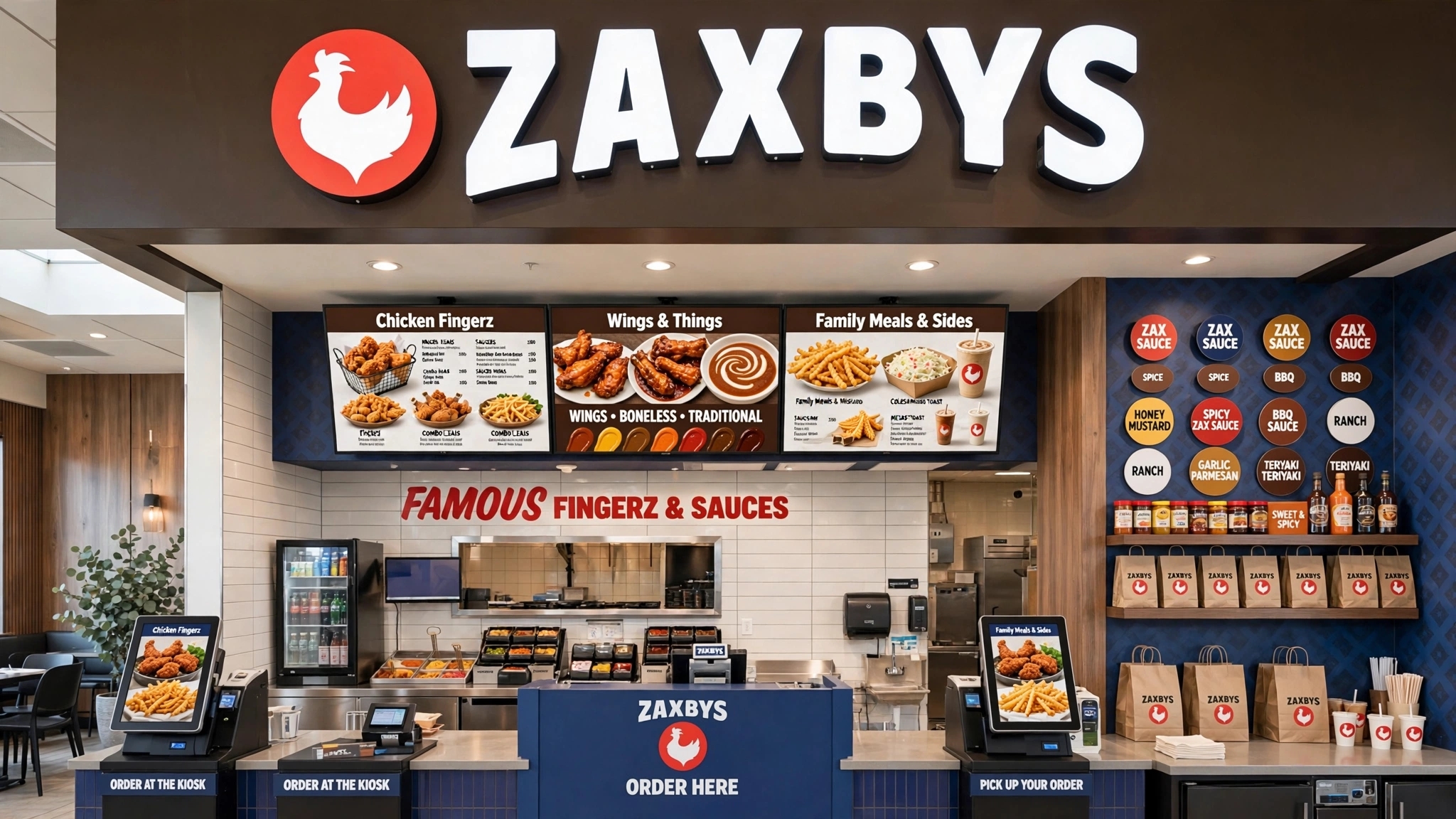 Zaxbys restaurant interior rendering with digital menu boards and kiosks.