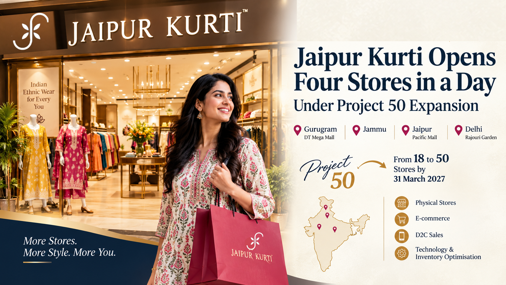 Jaipur Kurti opens four new stores in one day under Project 50, targeting 50 retail outlets across India by March 2027.