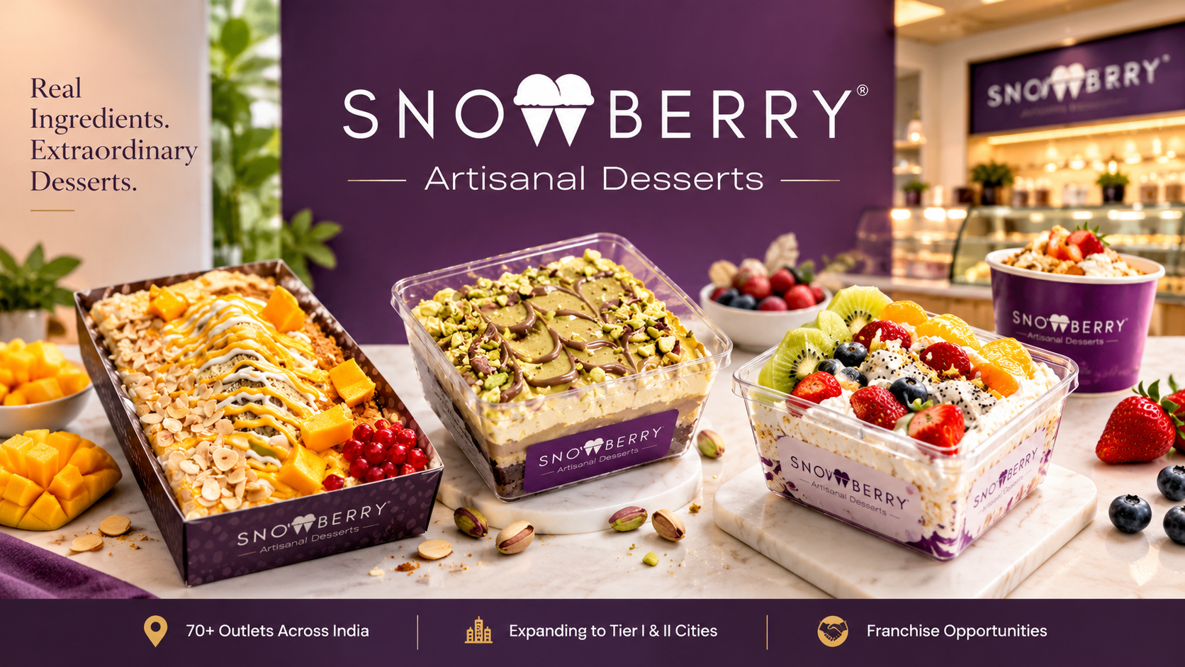 Snowberry artisanal desserts featuring mango, pistachio and fresh fruit creations, highlighting the brand’s reported 70-plus outlets in India and expansion plans across Tier I and Tier II cities through franchise partners.