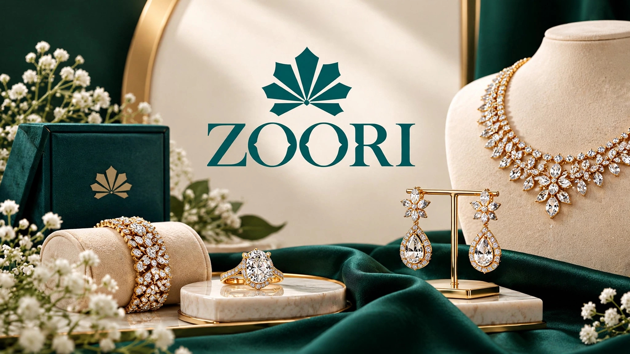 ZOORI natural diamond jewellery collection featuring a diamond necklace, earrings, ring and bracelet in an elegant emerald green and gold luxury display.