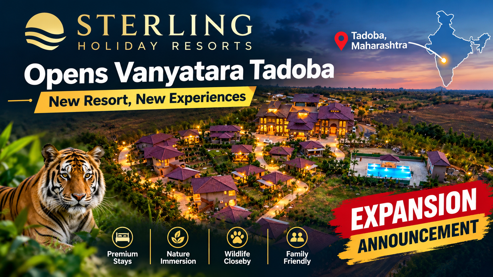 Sterling Holiday Resorts opens Vanyatara Tadoba, featuring a luxury resort with villas, a swimming pool and landscaped grounds in a wildlife destination in Maharashtra, India.