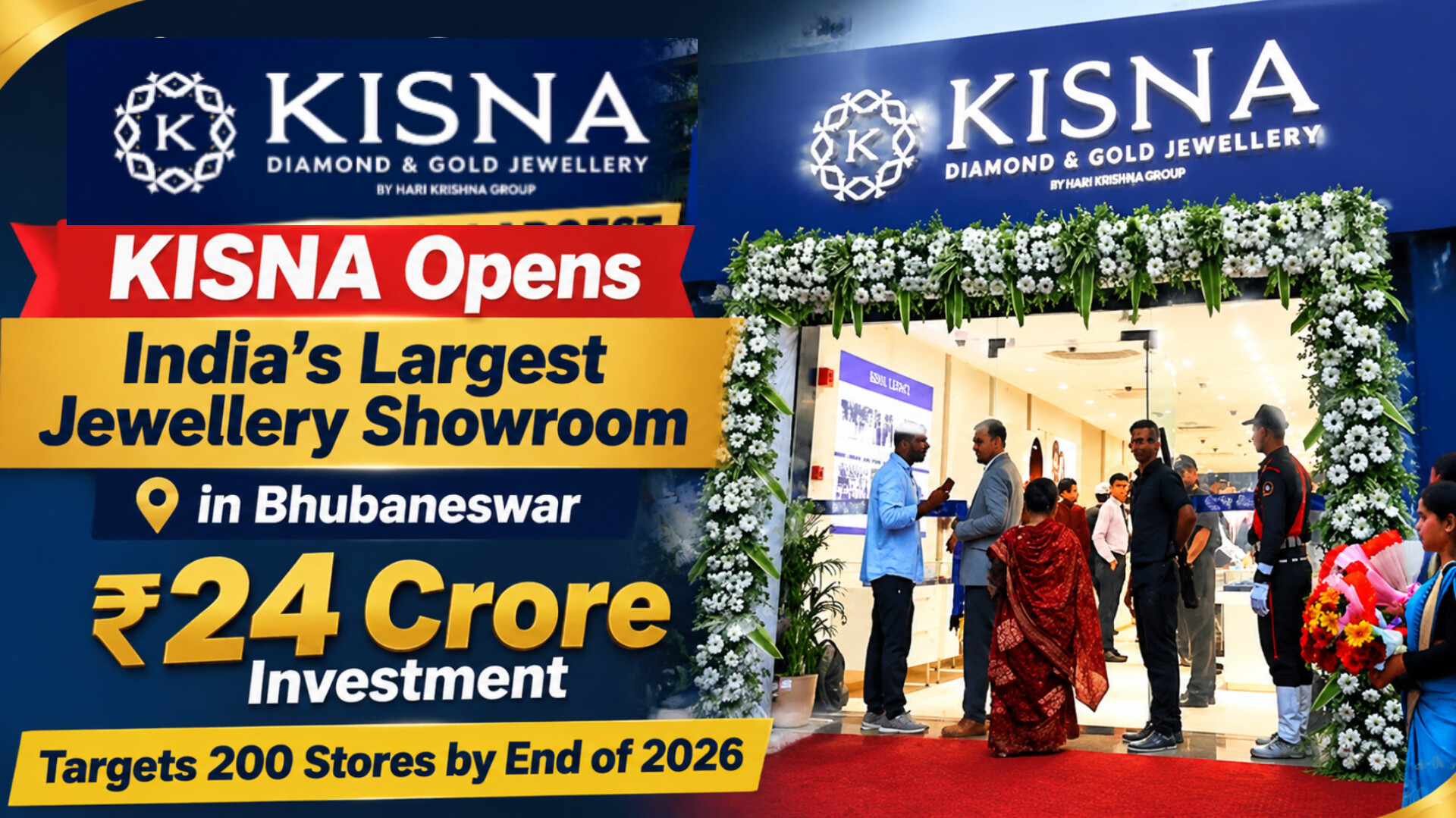 KISNA Diamond and Gold Jewellery showroom in Bhubaneswar, Odisha, featuring a grand floral entrance, marking the brand’s ₹24 crore investment in India’s largest jewellery showroom and its expansion towards 200 stores by 2026.