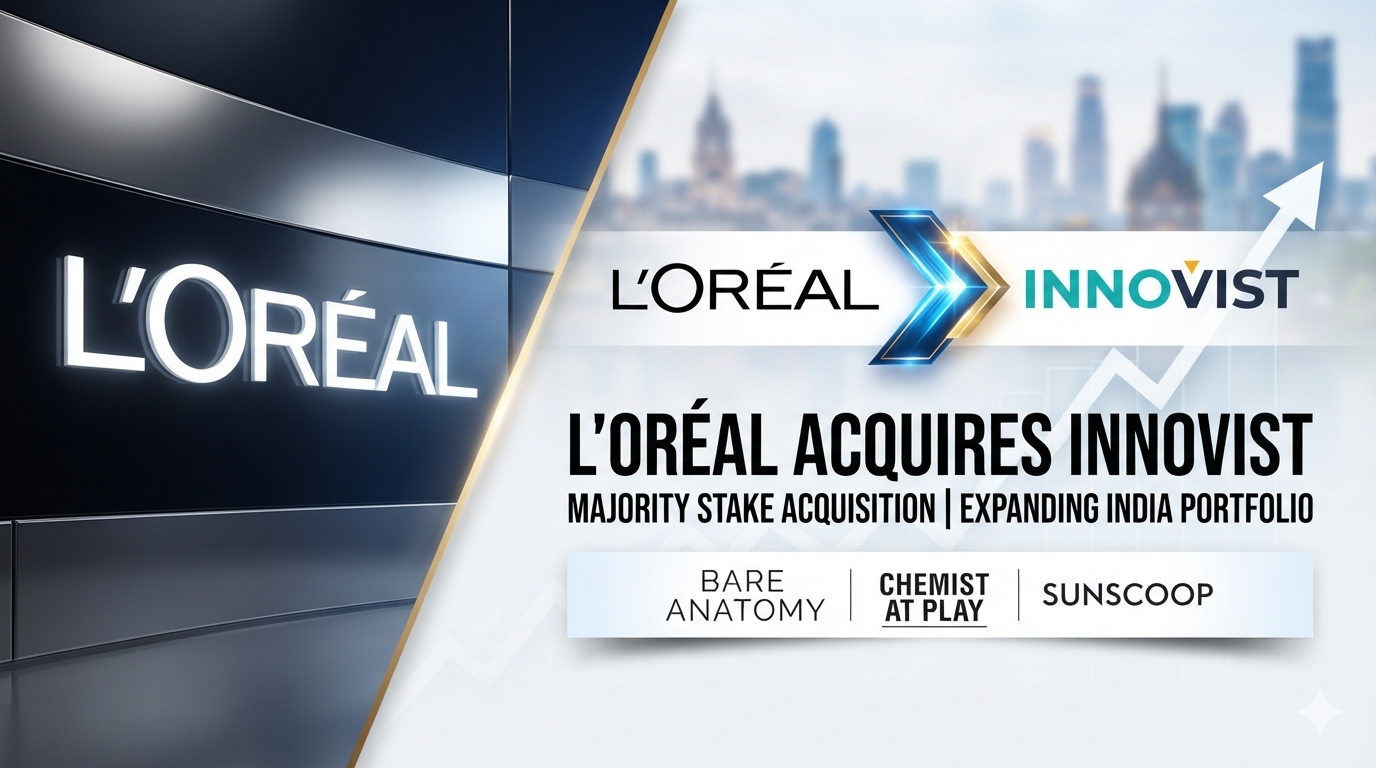 Infographic graphic announcing L'Oréal acquiring a majority stake in Innovist, featuring Bare Anatomy, Chemist at Play, and Sunscoop logos
